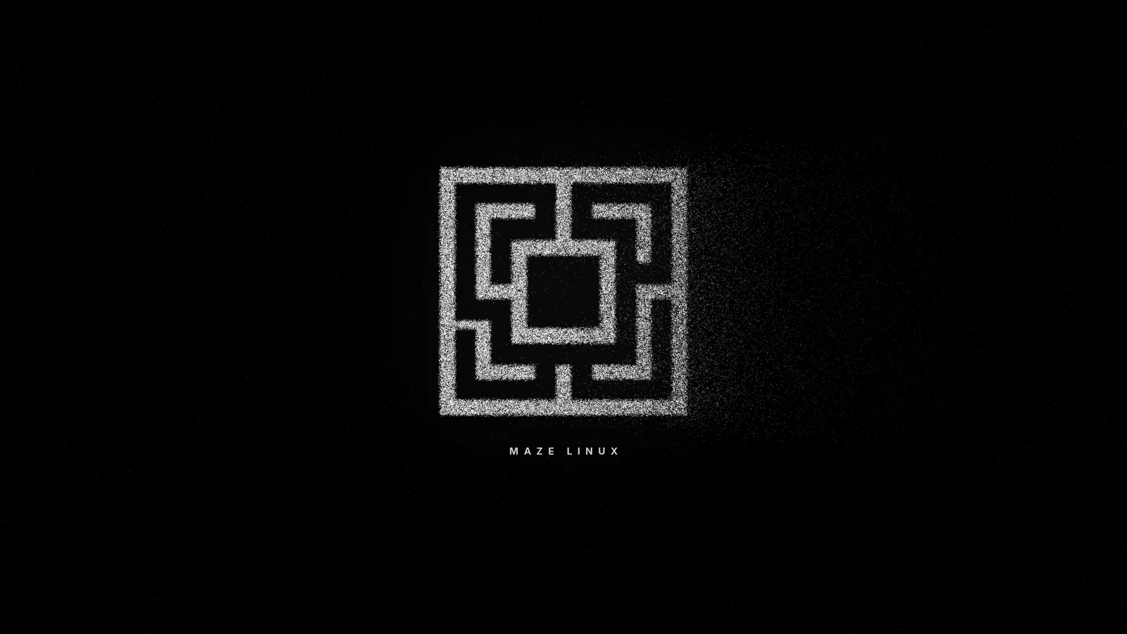The Maze Linux maze logo drawn in fine white dust on a black background