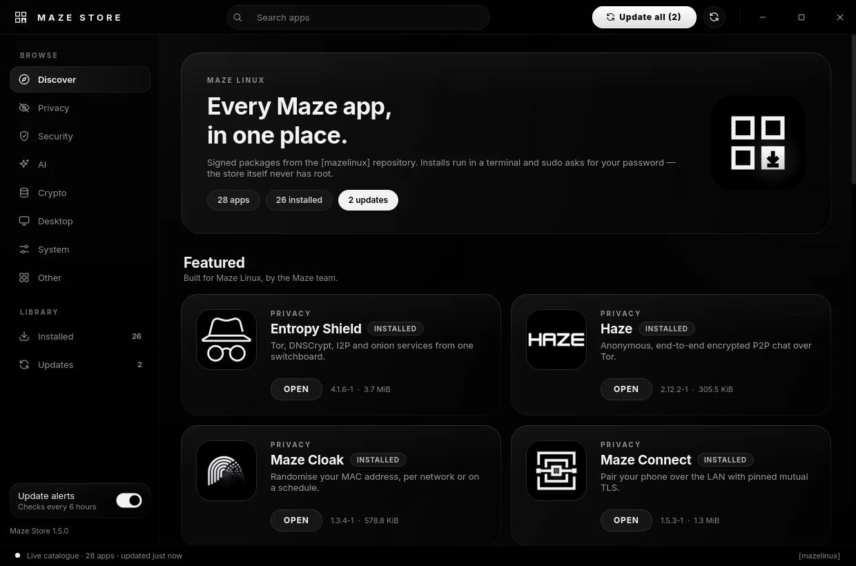 Maze Store: the Discover page with featured Maze apps