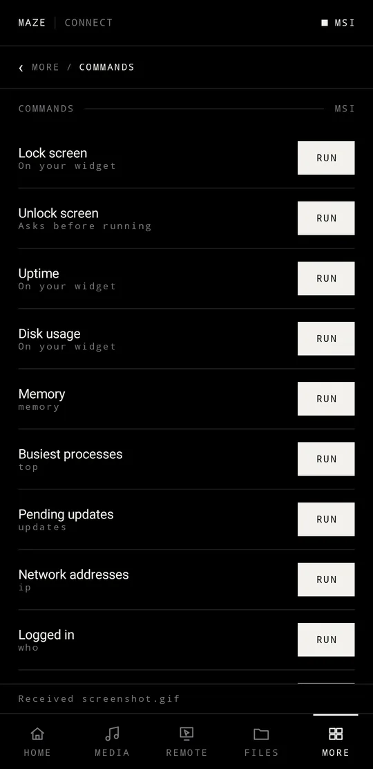 Maze Connect mobile — Commands