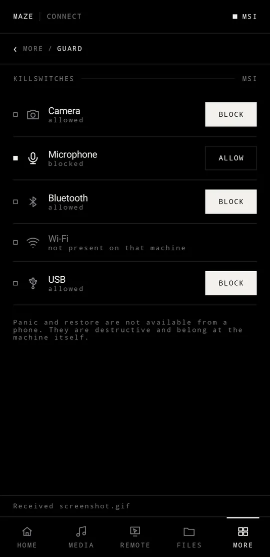 Maze Connect mobile — Guard killswitches