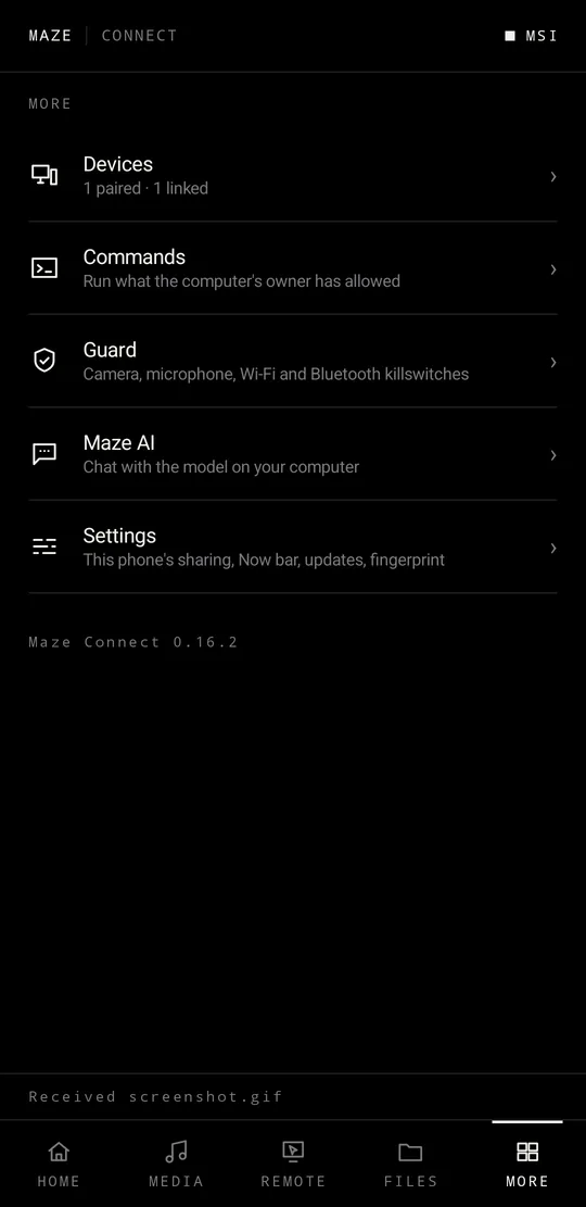 Maze Connect mobile — More tab