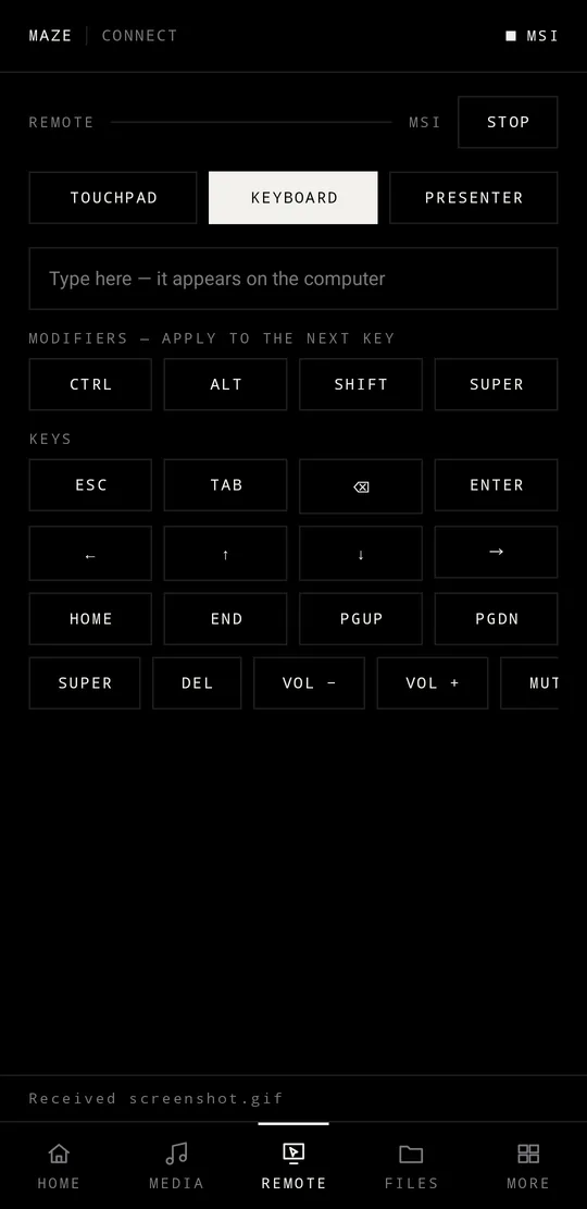Maze Connect mobile — Remote: Keyboard